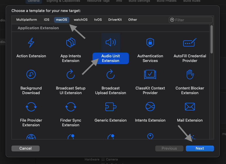 Choose macOS audio unit extension template