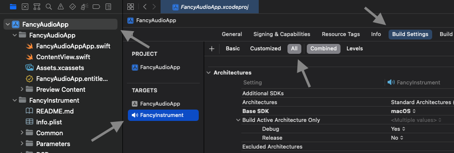 Navigate to the audio unit build settings